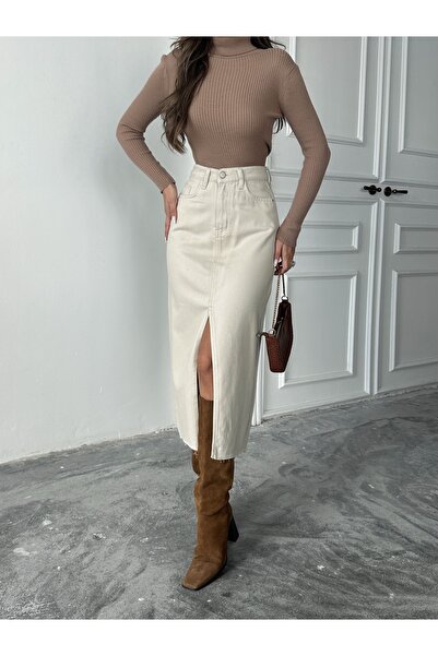 blue marlın KADIN BEJ ETEK UCU KESİK ÖN YIRTMAÇ KETEN ETEK