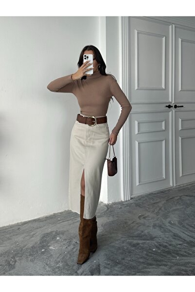 blue marlın KADIN BEJ ETEK UCU KESİK ÖN YIRTMAÇ KETEN ETEK