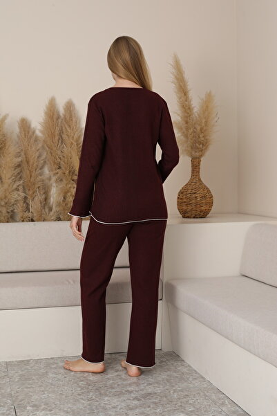 Miss Dünya Lissa Burgundy Maternity and Postpartum Long Sleeve Soft Fabric Bow Tie Waist Adjustable Pajama Set