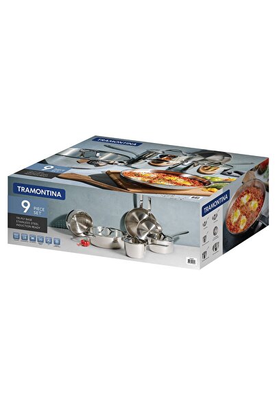 TRAMONTINA 9-Piece Tri-Ply Base Stainless Steel Cookware Set with Glass Lids, Oven-Safe, 37240028