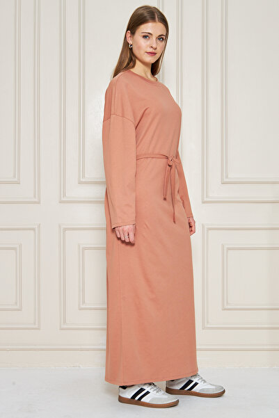 ESPİNA Beli Kuşaklı Bisiklet Yaka Uzunkol Maxi Elbise