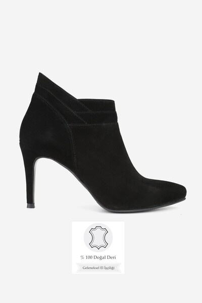 TUNAELLİ KADIN SİYAH SÜET HAKİKİ DOĞAL DERİ 35-40 NUMARA İNCE TOPUKLU SİVRİ BURUNLU BOT & BOOTİE
