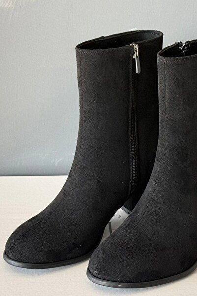 Preshley Women's Marta Black Suede 6 cm Thick Heeled Egg Toe Zippered Boots