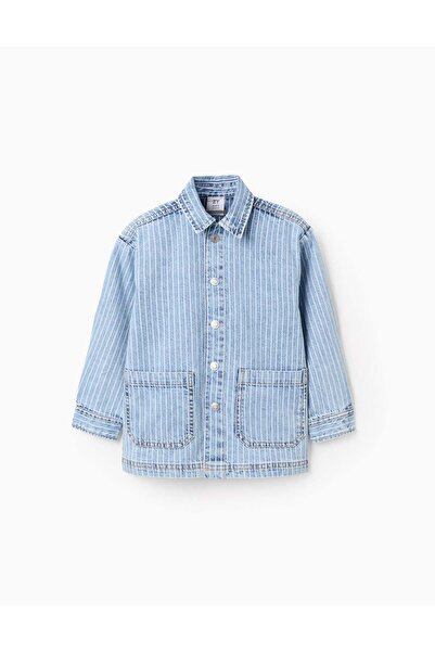 Ziddy Striped Denim Overshirt for Girls, Light Blue/White