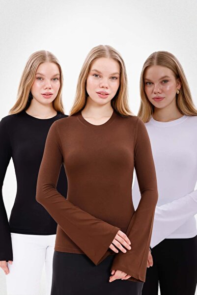 Yade Fashion Kadın İspanyol Kol Body 3’lü Set – Siyah Kahverengi Beyaz