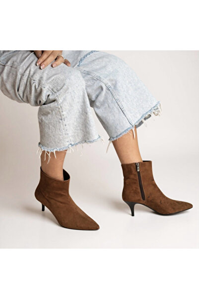 NE&VE SHOES Taba Süet Sivri Burun Kadın Klasik Bot