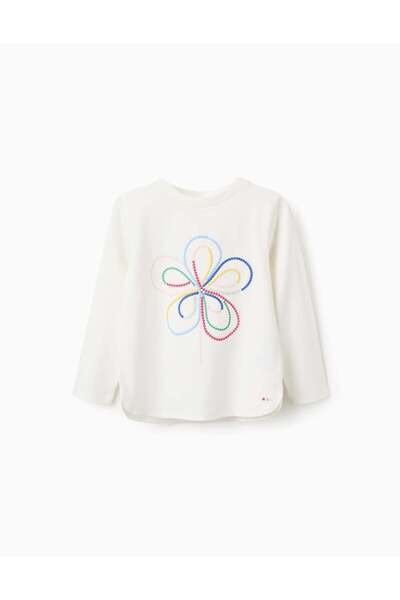 Ziddy تي شيرت بأكمام طويلة وطبعة بارزة للبنات، أبيض