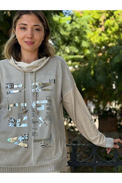 Punta Otantik NC53050D İtalyan Yazı Baskılı Cepli Kapüşonlu Coton Sweatshirt Krem