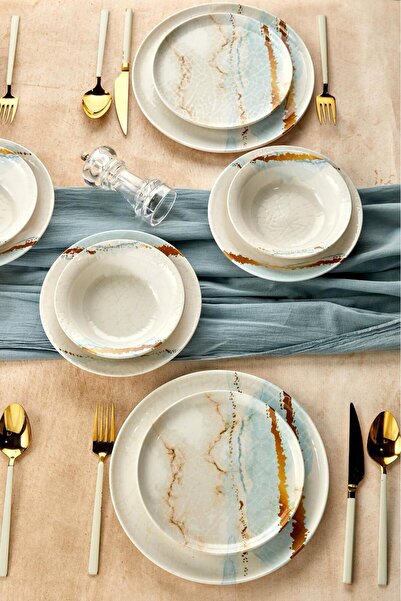 ers erbaşlar GLOSS MERMER TURKUAZ 24 Parça 6 Kişilik Lüx Yemek Takımı Yemek Sunum Seti