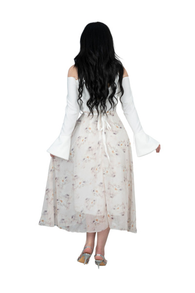 TREN Women's Elegant Formal Gown - Floral Princess Dress with Crossed Straps Off-Shoulder Design