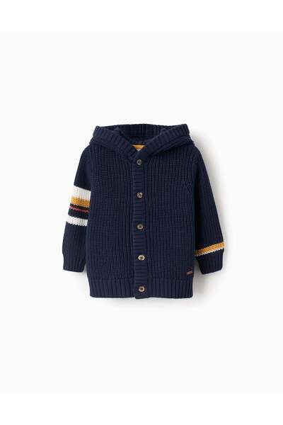 Ziddy كارديجان مضلع بغطاء رأس وخطوط للأولاد الصغار، أزرق