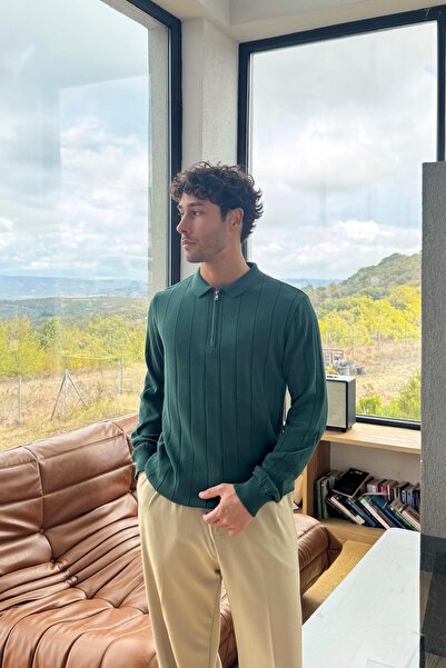 Flaw Wear Tricotaj cu fermoar în dungi Pulover verde