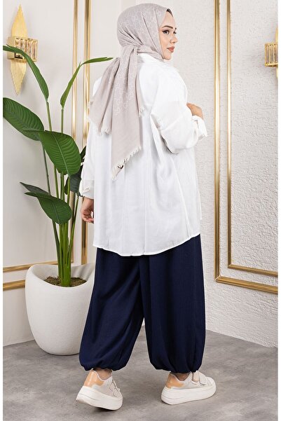 sefamerve Beli Lastikli Şalvar Pantolon 0001-07 Lacivert