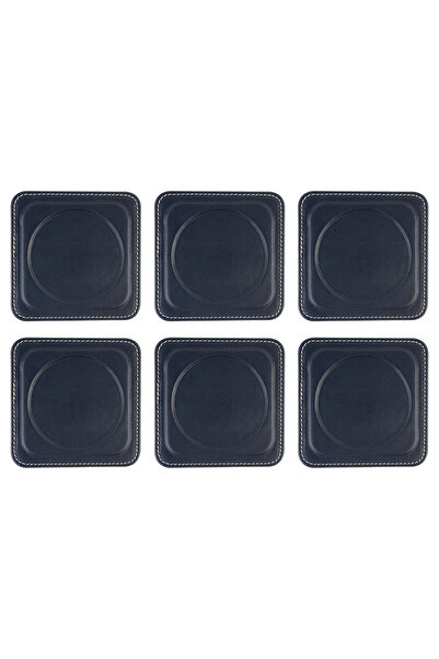 2K Coasters, Set of 6, Desktop Round Cup Coaster, Vegan Faux Leather, 11X11 Cm., Navy Blue