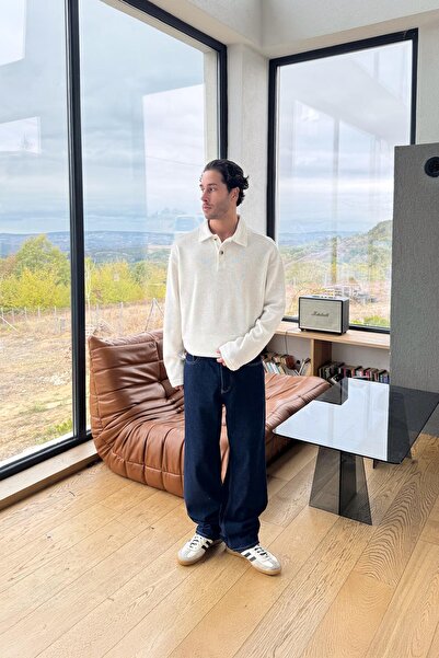 Flaw Wear Πλεκτό μπεζ φούτερ με γιακά πόλο και κουμπιά