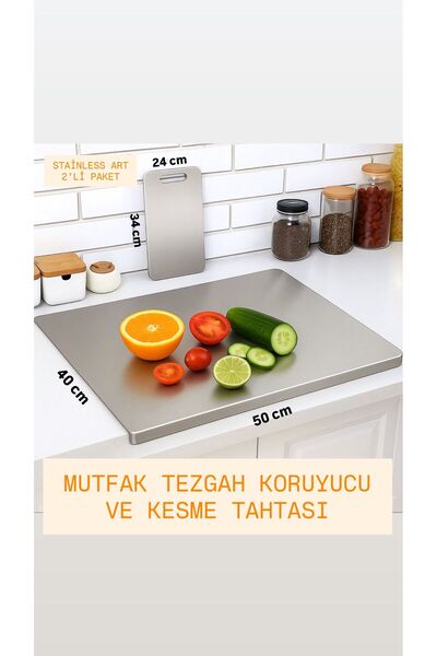 Stainless Art PASLANMAZ ÇELİK 2'Lİ SET TEZGAH KORUYUCU 40X50CM VE KESME TAHTA...