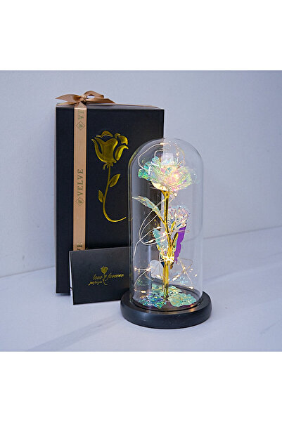 velve Χειροποίητο τριαντάφυλλο σε τρούλο, με πέταλα σε μαύρο τραπέζι, LED, ευ...