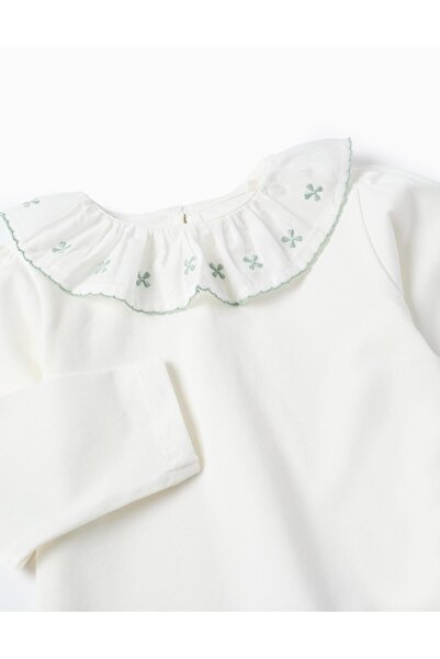 Ziddy T-shirt with Ruffle Collar and Embroidery for Baby Girls, White/Green