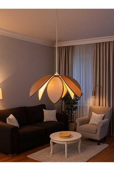 Natiorj Yaprak Model Krem - Bal Renk Kumaşlı Sarkıt Salon Yatak Odası Şık Avize