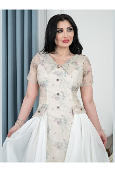 TREN Women's Evening Midi Dress - Floral Print with White Panels V-Neck Button Detail