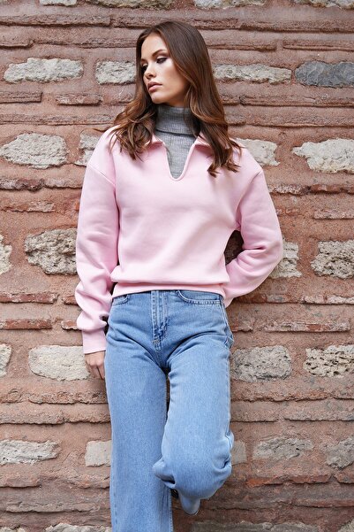 VAGGON Women's Pink Polo Neck Ribbed 3 Thread Sweatshirt Vs01216