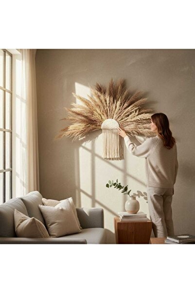 Ylc Tasarım Büyük Boy Pampas Otu ve Makrome Kombin Bohem Duvar Dekoru