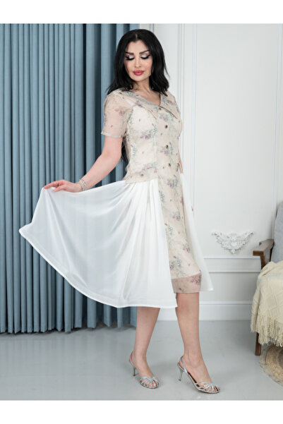 TREN Women's Evening Midi Dress - Floral Print with White Panels V-Neck Button Detail