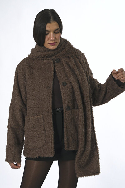 ABBRA Γυναικείο βελούδινο παλτό με αφαιρούμενο σάλι