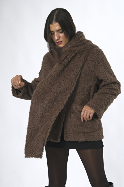 ABBRA Γυναικείο βελούδινο παλτό με αφαιρούμενο σάλι