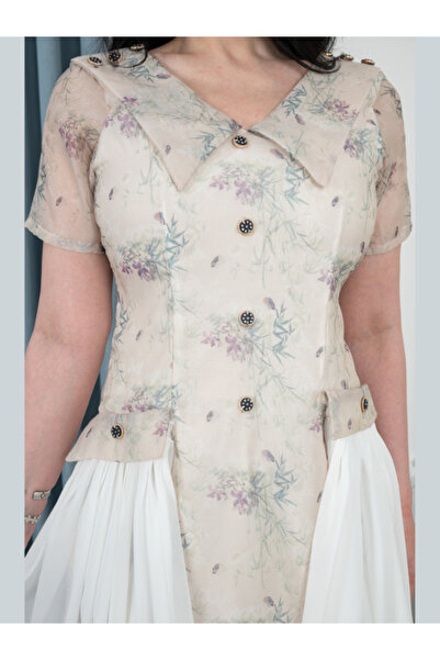 TREN Floral Print V-Neck Midi Dress - White Side Panel Button Front Evening Wear