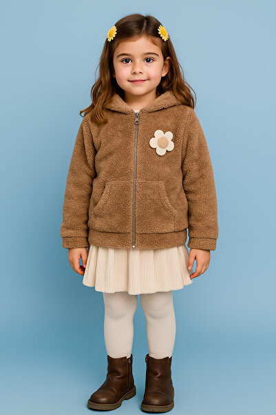 Fulla Moda Papatya Aksesuarlı Fermuarlı Kız Çocuk Pelüş Mont