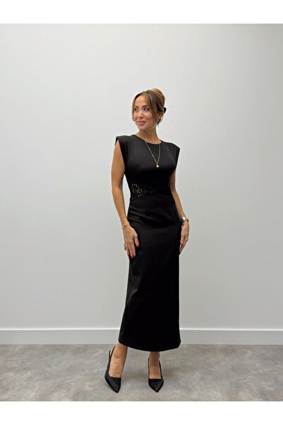 Maldia Shop Kadın Bel Dantel Detay Yırtmaçlı Siyah Elbise