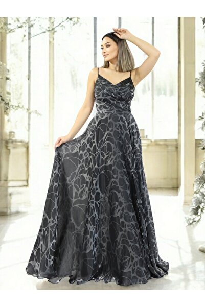 FaBe Fashion İP ASKILI DRAPELİ KENDİNDEN DESENLİ ORGANZE JAKAR ABİYE ELBİSE