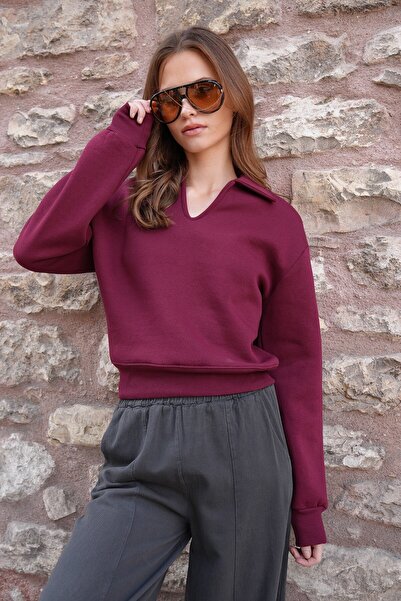 VAGGON Women's Burgundy Polo Neck Ribbed 3 Thread Sweatshirt Vs01216