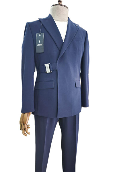 Bay Barkod Giyim İtalyan Stil Slim Fit Tokalı Kruvaze Erkek Takım Elbise Lacivert