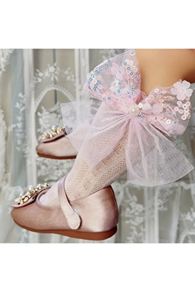 Accessories Hei Pink Sequin Bow Sequined Pearl Detailed Girls' Party Prom Fishnet Stockings