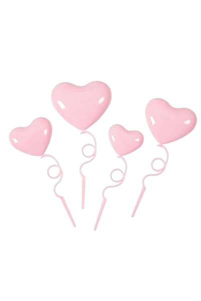 OEM Set 4 decoratiuni tort inima 3D, roz, reutilizabile, dimensiuni diferite