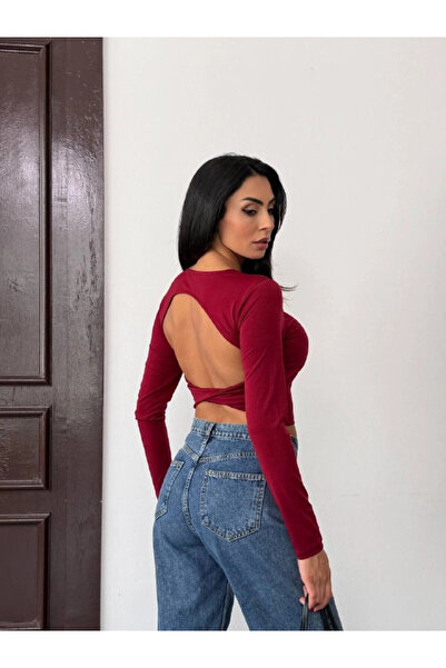 hazelin Women's Burgundy Backless Long Sleeve Sandy Blouse Hzl25W-Fry123381