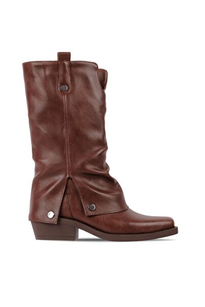 Lal Shoes & Bags Jadire Kadın Paçalı Küt Burunlu Çizme b4205-Taba