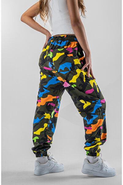 Superbluemexico Kadın Paçası Lastikli Renkli Kamuflaj Jogger Pantolon