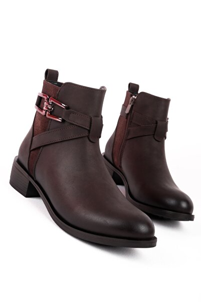 Lal Shoes & Bags İkaros Kadın Çapraz Kemerli Toka Detaylı Bot(4176)-Kahverengi