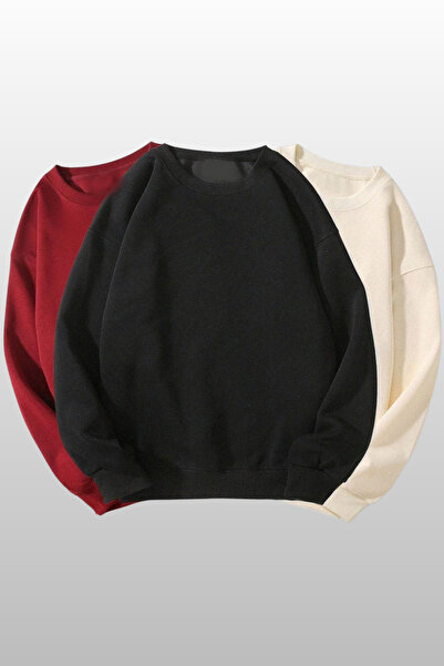 MODAGEN Unisex 3'lü Kırmızı Siyah Bej Bisiklet Yaka Oversize Sweatshirt