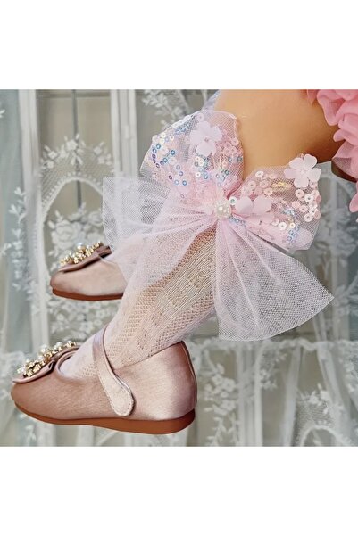 Accessories Hei Pink Sequin Bow Sequined Pearl Detailed Girls' Party Prom Fishnet Stockings
