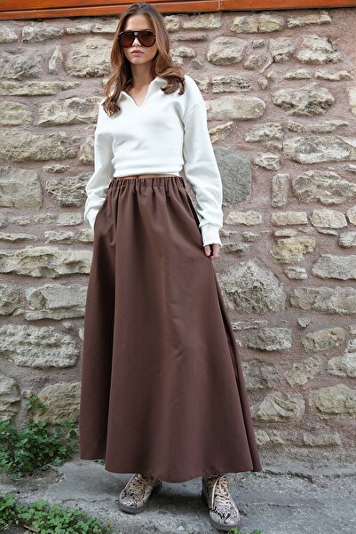 VAGGON Women's Brown Elastic Waist Belt Detailed Double Pocket Midi Skirt Vs01210