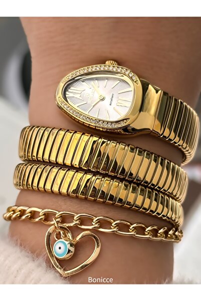 Reward Stone Snake Watch from Thick to Thin (2 Rounds), Small Case (24 Diameter), 3 Atm Gold Steel Band, Bracelet