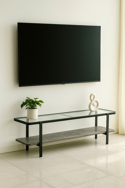 MARIA HOMES Modern Glass Top Console Table with Grey Stone Shelf & Black Metal Frame – 180×40×50 cm