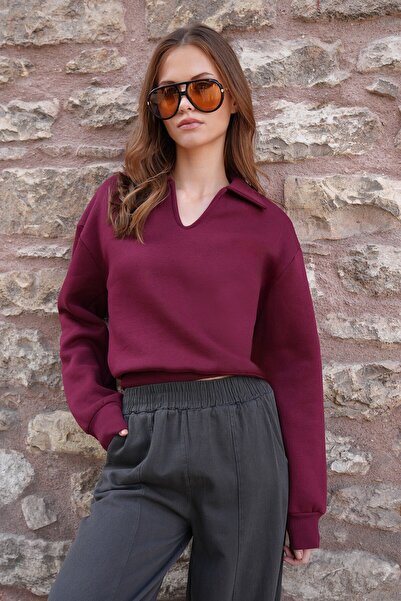 VAGGON Women's Burgundy Polo Neck Ribbed 3 Thread Sweatshirt Vs01216