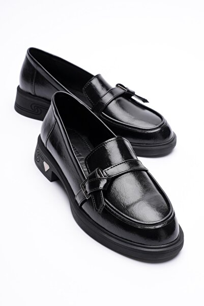 Mubiano Women's Patent Leather Loafer Platinum Buckle Black Elor