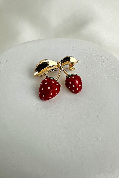 Modex Altın Sarısı Kırmızı Beyaz Mineli Çilek Broş (3cm)