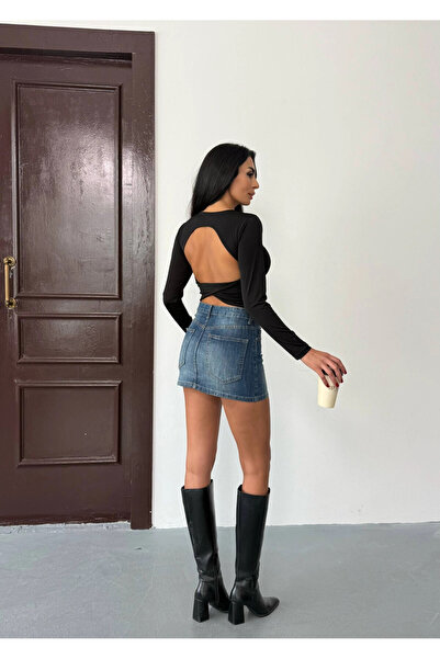 hazelin Women's Black Backless Long Sleeve Sandy Blouse Hzl25W-Fry123381